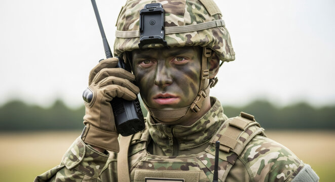 Caucasian man in camouflage uniform and helmet with face paint holding walkie talkie. Military soldier communications concept for armed forces.