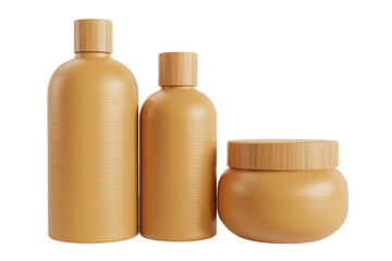 Three minimalist skincare bottles and jar with wooden caps, presented on a clean transparent background.