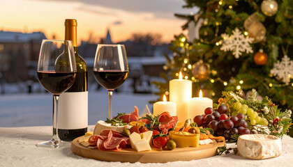 Fototapeta premium Festive Christmas dinner setting with wine, cheese, charcuterie, grapes, and candles by a decorated tree, creating a warm and elegant holiday celebration atmosphere.