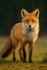Fototapeta premium AI-Generated image of a red fox standing alert in a grassy meadow. I