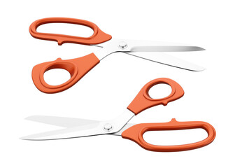 Stationery scissors with plastic handles are isolated on a transparent background. 3D rendered graphic model shown in perspective view.