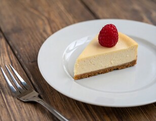 A slice of creamy cheesecake on a white plate, topped with a raspberry, rests on a wooden table.