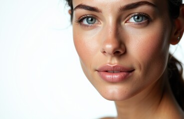 Fototapeta premium Woman with clear skin and blue eyes looking at the camera in a close-up portrait