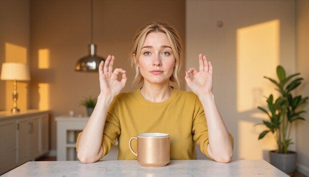 Young woman meditating with tea cup at home in warm sunlight   - Powered by Adobe