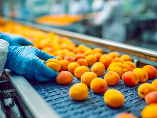 Fruit sorting process on a conveyor belt at a modern factory