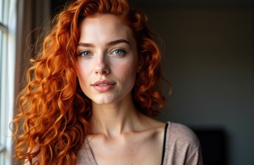 Woman with curly red hair looking at camera in natural light