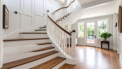 White staircase in a light-filled foyer
