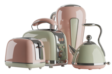 Retro kitchen appliances in pastel pink and mint green hues create a charming vintage aesthetic isolated on transparent background.