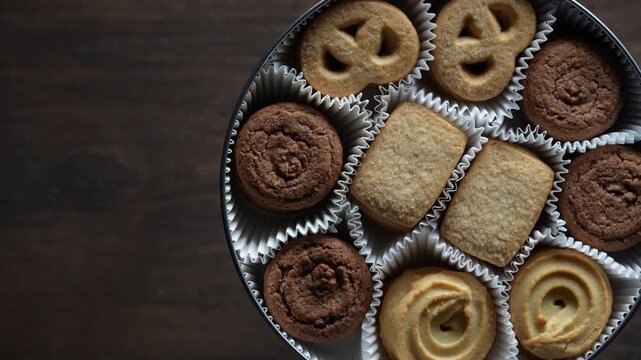 Crispy crumbly shortbread cookies in a round metal box on wooden table, top view, close up, rotates