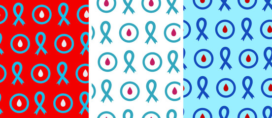 diabetes awareness posters collection with repeating vector elements including blue ribbon and red blood drop symbols