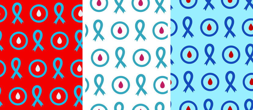 diabetes awareness posters collection with repeating vector elements including blue ribbon and red blood drop symbols