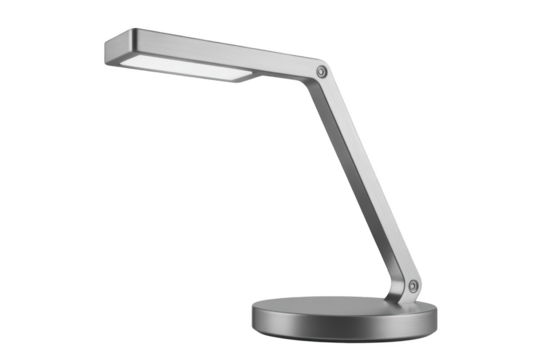 Sleek modern desk lamp with adjustable arm illuminates workspace with bright LED light isolated on transparent background