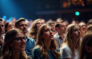 Obraz premium Audience attentively watching a presentation or performance in a darkened venue