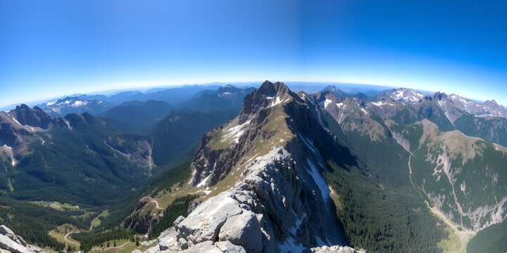 Expansive panoramic view showcasing rugged mountain peaks lush green valleys and a clear blue sky on a sunny day - Powered by Adobe