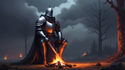 Naklejka premium knights with campfire in the beautiful night