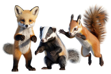 Obraz premium Three adorable woodland creatures, a curious fox, a badger, and a lively squirrel, pose together with playful charm isolated on transparent background.