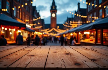 A lively outdoor market scene at dusk with string lights illuminating a busy street and historic clock tower in the background
