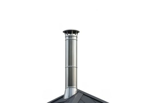 Modern metal chimney on a dark roof with transparent background