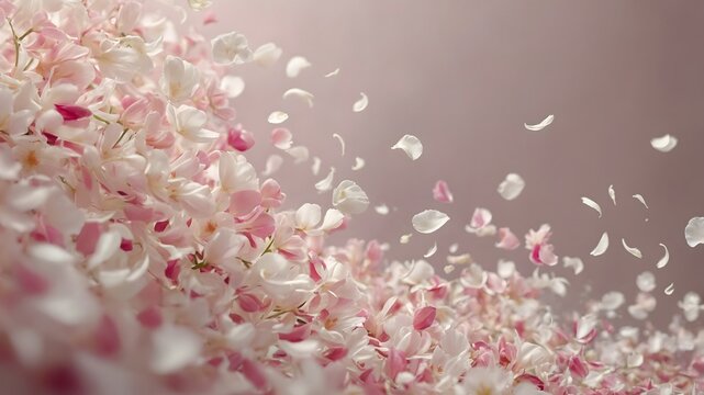 Torbellino de p&eacute;talos rosados y blancos de flores de cerezo flotando en el aire sobre fondo pastel