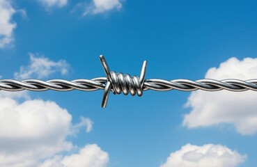A close-up of a metal wire with a knot tied in the center against a bright blue sky with scattered white clouds