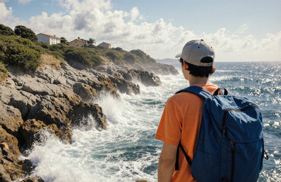 A young man with a backpack exploring a rocky coastline by the sea on a sunny day - Powered by Adobe