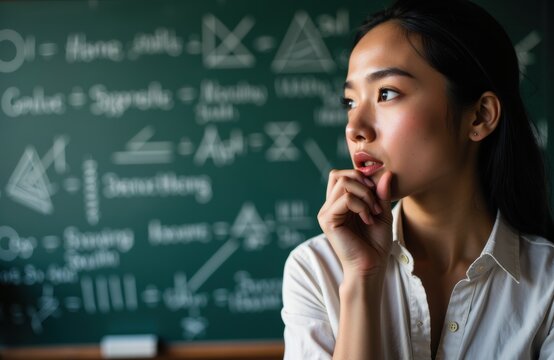 Woman thinking in front of a chalkboard filled with mathematical formulas and diagrams