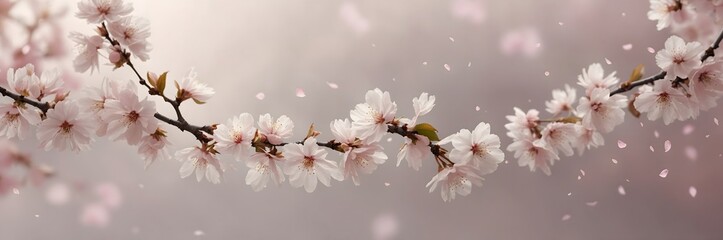Rama arqueada de cerezo en flor con p&eacute;talos cayendo sobre fondo rosado difuminado