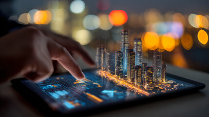 Futuristic cityscape and data analysis on a digital tablet at night