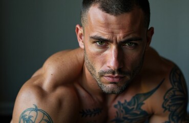 Intense close-up of a muscular man with tattoos looking directly at the camera