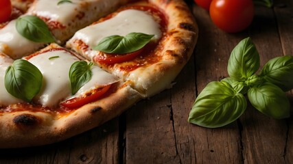 Pizza margarita artesanal con mozzarella fundida y hojas de albahaca fresca sobre mesa rústica de madera © EBG Stock Studio