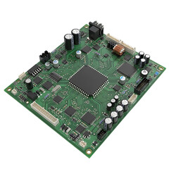 High-resolution close-up of a complex electronic circuit board with integrated chips transparent background