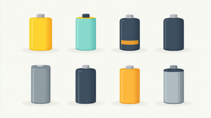 Collection of colorful cylindrical batteries in various designs on neutral background