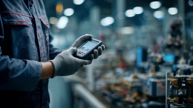 Medium shot of a technician holding a wireless sensor device sensor details clear with outoffocus maintenance tools and factory machinery behind.