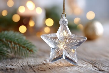 Clear glass star ornament on wooden surface