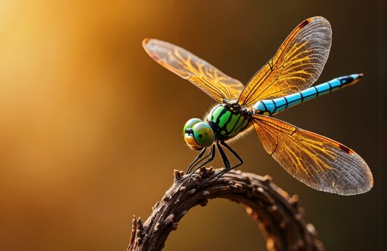 A vibrant dragonfly with colorful wings perched on a curved twig against a warm blurred background