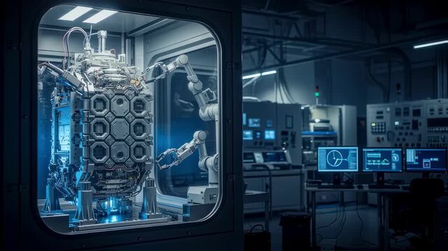 Fusion materials testing lab showcasing the arrangement of tritium breeding blanket components safely contained in a hot cell.
