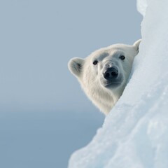 Naklejka premium Polar bear emerging from icy landscape, showcasing its majestic presence against a serene blue backdrop, highlighting the beauty of wildlife in its natural habitat