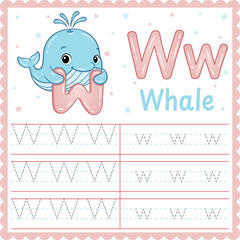 Letter W Tracing Worksheet Cute Whale Alphabet Printable for Kids