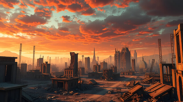 AI generated image of a ruined post-apocalyptic city - Powered by Adobe