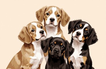 Group of four adorable puppies with different coat colors and markings looking at the camera