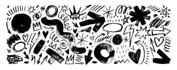 Obraz na płótnie Canvas Punk and rock style crayon drawn shapes and doodles. Bold brush drawn wave, arrow, circle and cross. Graffiti doodle tattoo shapes. Funky crayon punk stickers. Graphic illustration.