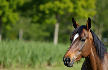 Obraz premium Woman riding horse in lush green outdoor setting with trees and grass