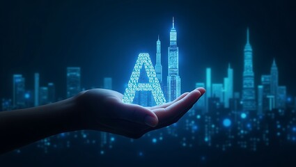 AI word as a hologram on the human palm. Abstract digital concept of artificial intelligence. Network or Big data with light blue elements on dark technology background. 3D glowing.