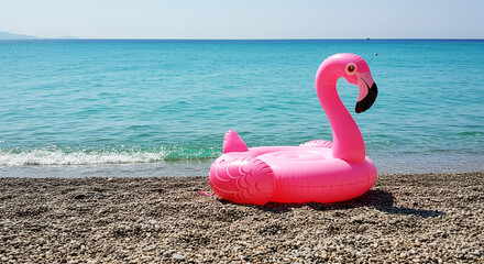 A pink flamingo float sits on a pebble beach with turquoise water and a clear blue sky in the background