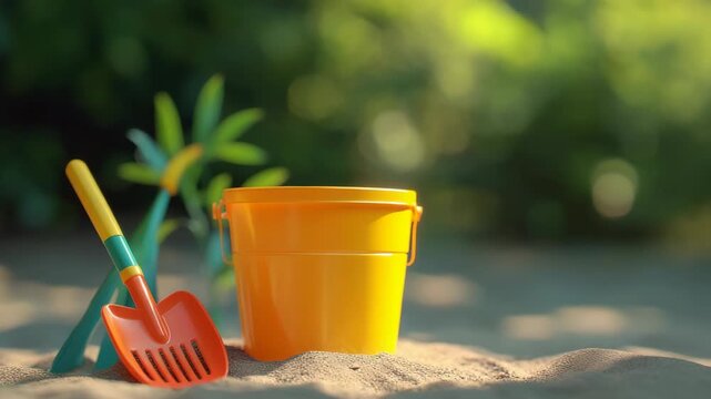 A yellow plastic pail and a matching shovel on top of play sand. Perfect for young children to enjoy imaginative play in the sand.