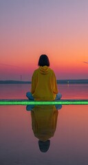 Woman in yellow hoodie sits by water at sunset, reflection