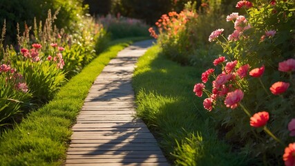 Sendero de madera en jardín con flores coloridas y césped verde iluminado por el sol © EBG Stock Studio