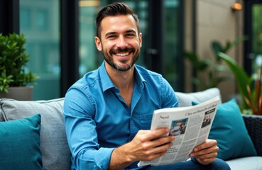 A smiling man in a blue shirt reading a newspaper while sitting on a sofa in a modern indoor setting
