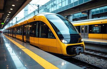 Modern yellow train arriving at station platform with glass building background