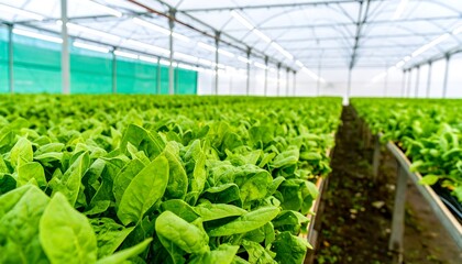Lush spinach plants in a greenhouse